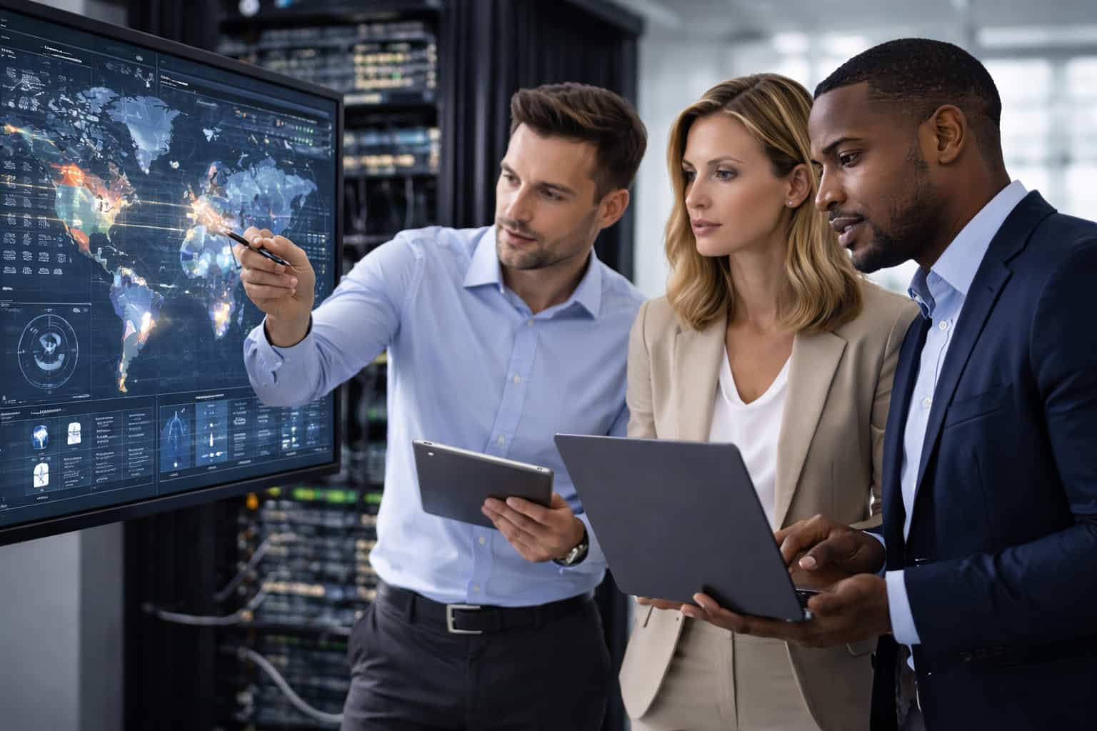 Analyse des risques de cybersécurité avec des collaborateurs évaluant l’exposition du système d’information