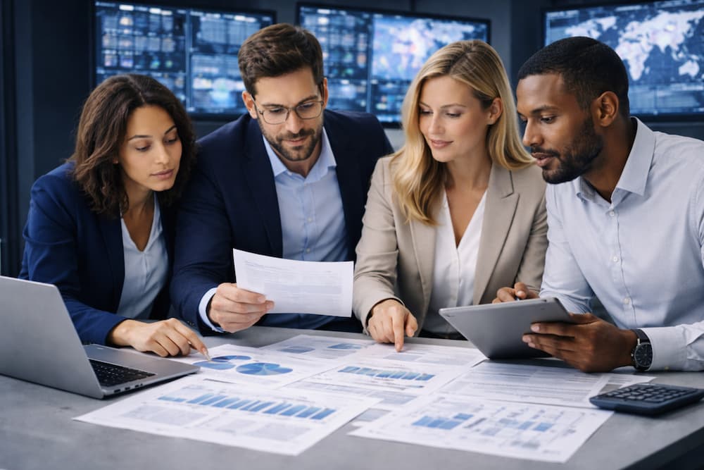 Équipe de consultants en cybersécurité réalisant une analyse des risques de cybersécurité afin d’identifier les vulnérabilités, évaluer les menaces et mesurer les impacts potentiels sur le système d’information. Cette démarche permet de prioriser les risques, de renforcer la posture de sécurité et d’accompagner les décisions stratégiques en matière de protection des actifs numériques.